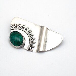 Vintage 90's Modern Abstract Semi Circle Pin Brooch Sterling Silver Green Stone